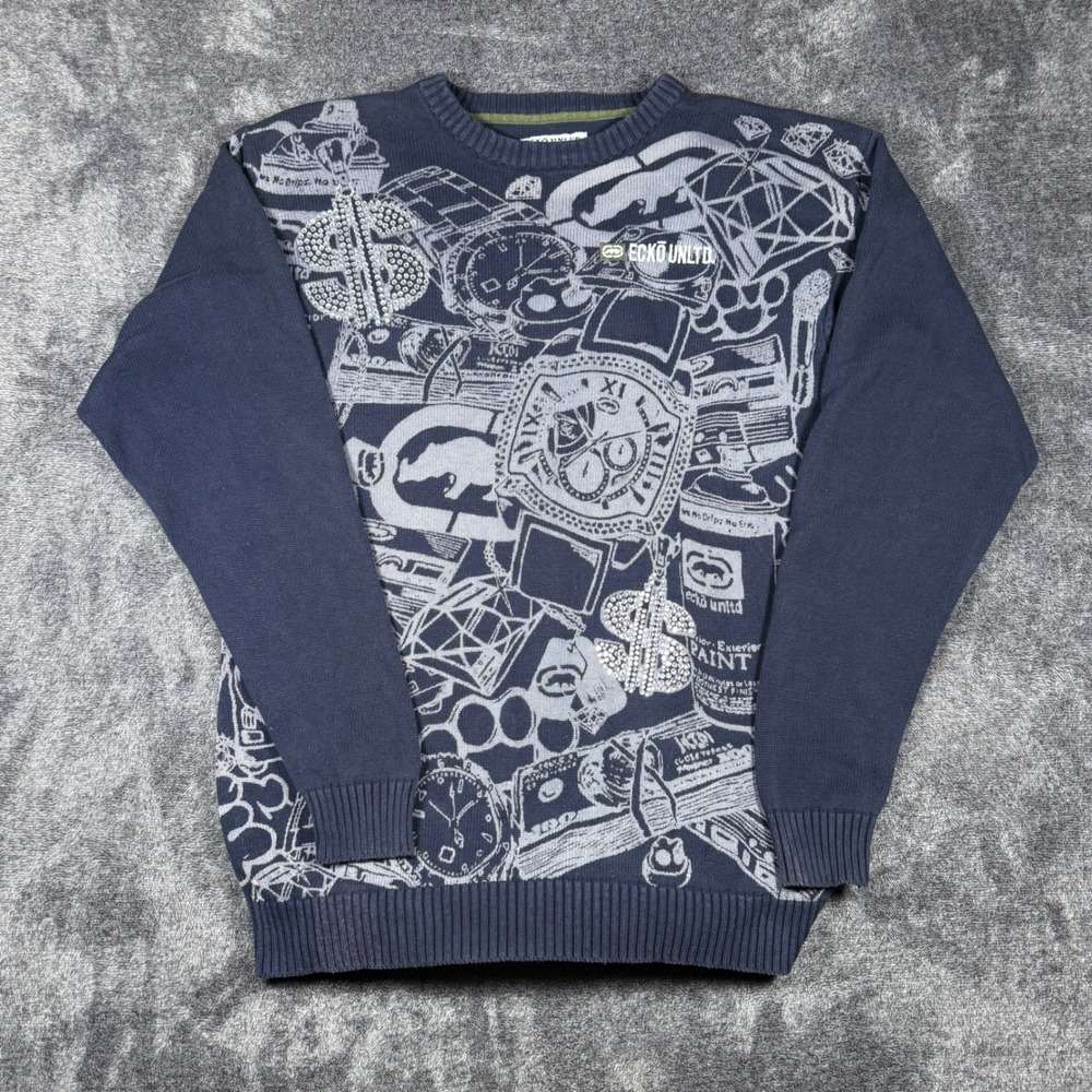 Ecko Unltd Mens 3XL Navy Blue Graphic Knit Sweater Rhinestone Hip Hop Y2K